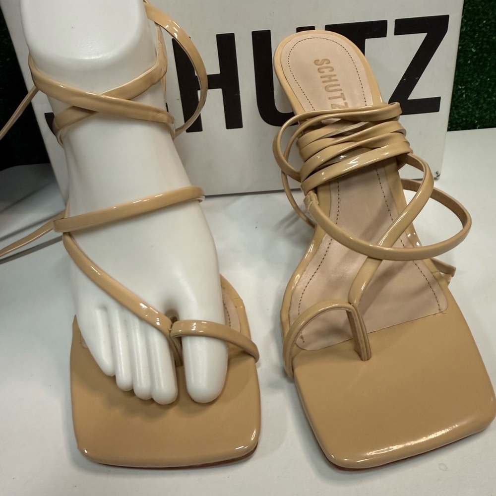 Schutz Beige Strappy Open Toe Lace Up Heels Size 9.5